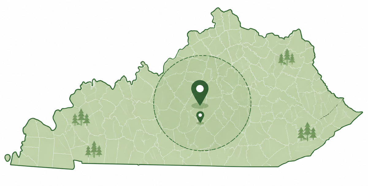 Map of Kentucky highlighting the Bluegrass Thickets service area around Lexington and Nicholasville with a 60-mile radius
