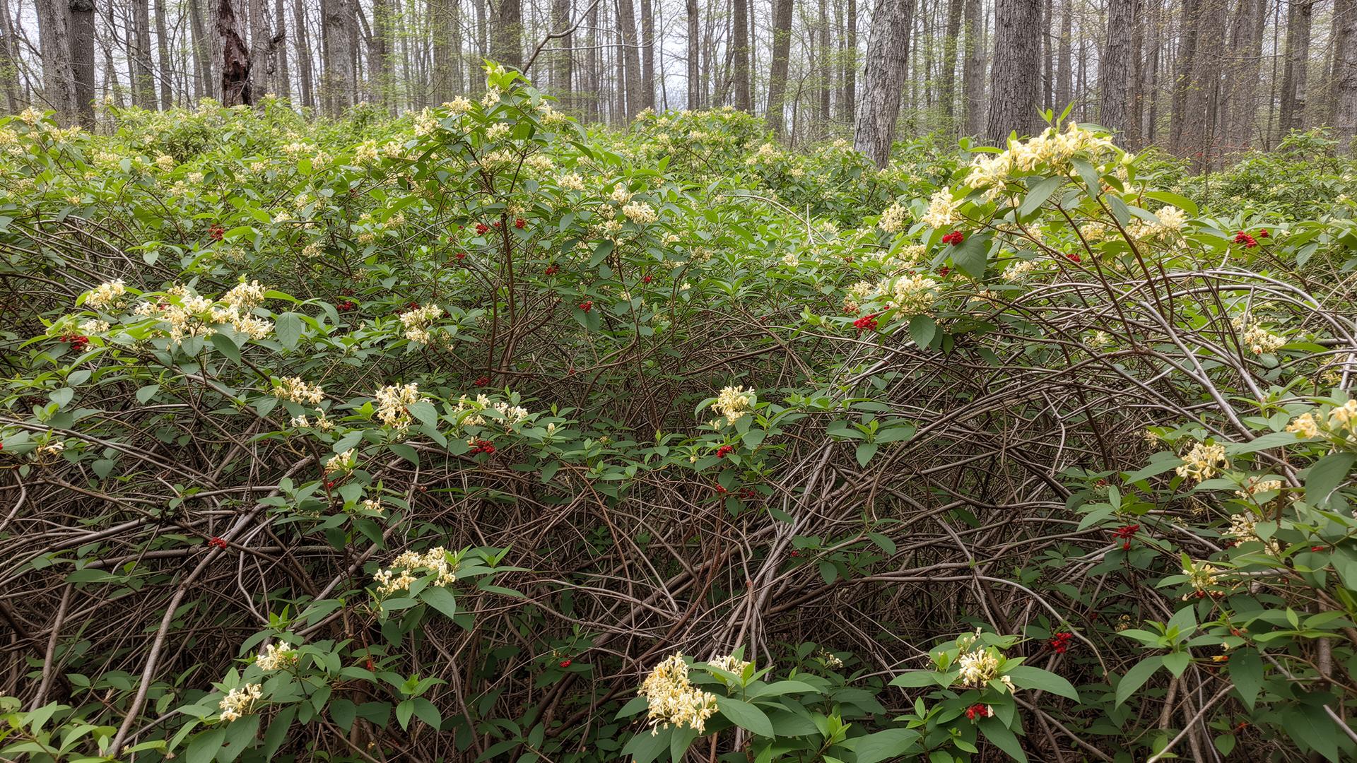 Dense honeysuckle and invasive brush thicket being cleared on a Kentucky property