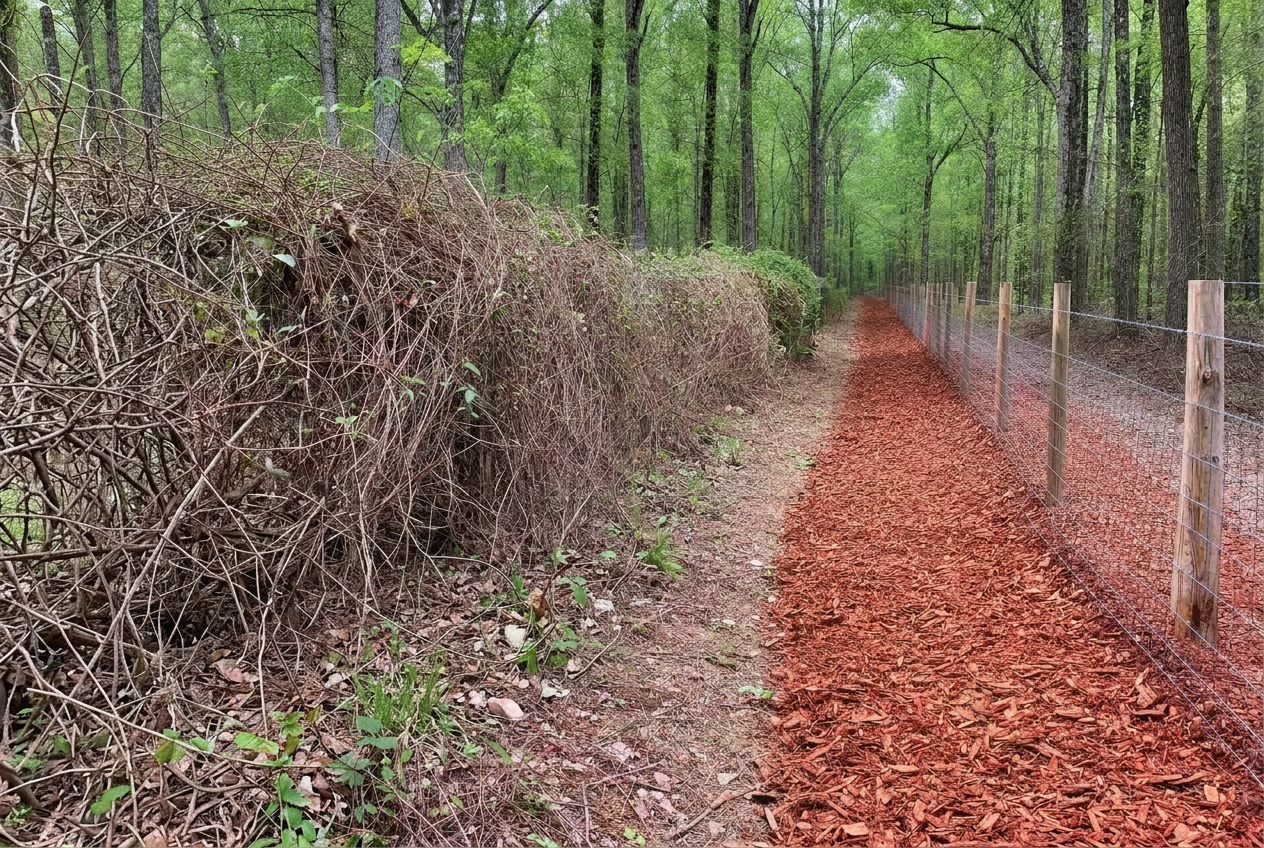 Cleared fence line corridor ready for new wire on a Central Kentucky farm