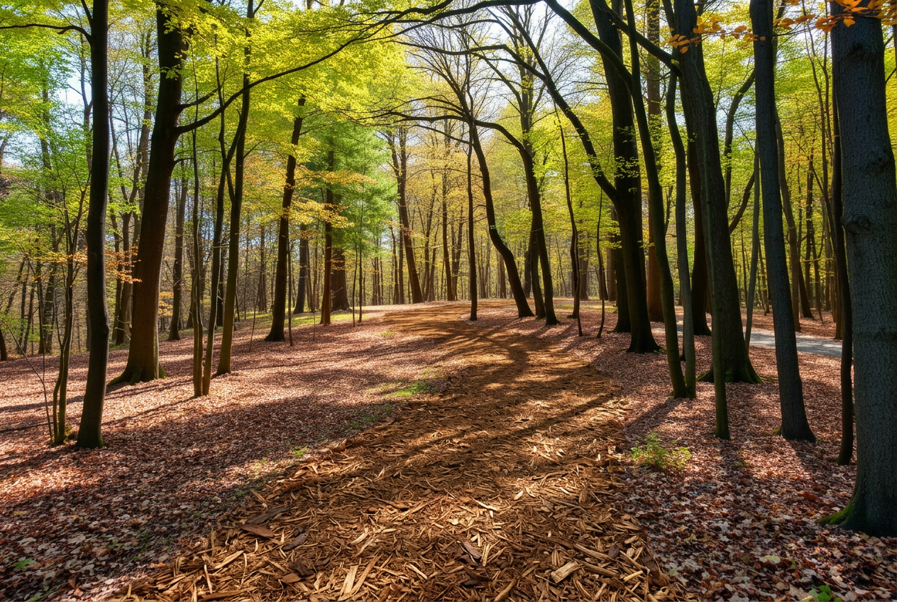 Freshly cut hunting and ATV trail through mature Kentucky woodland